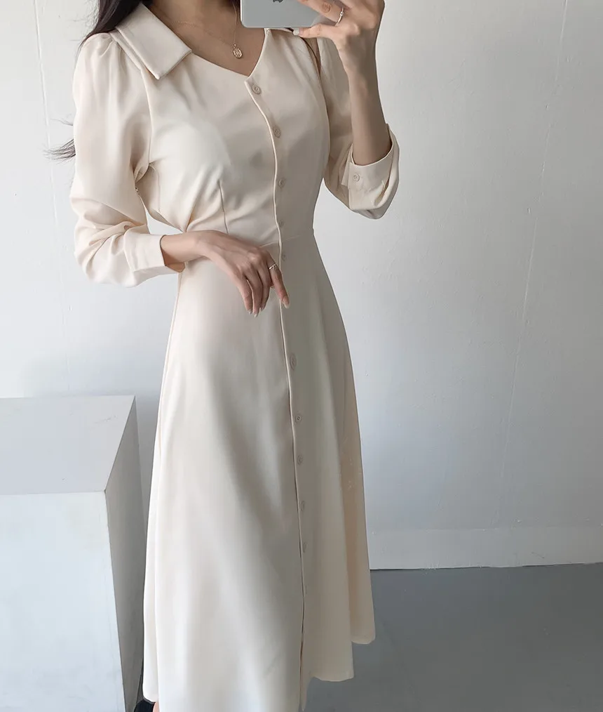 

2020 Speing Autumn New Simple Dress Chic Turn-down Collar Long Sleeve Elegant Long Robe Slim Women Midi Dress ka1126