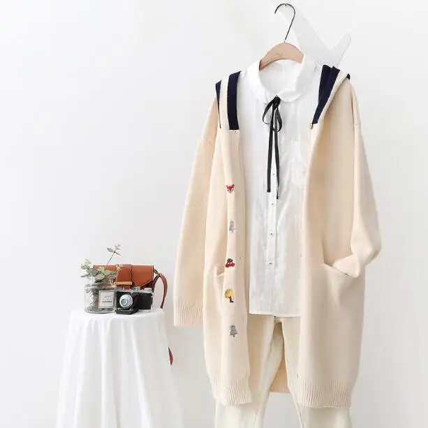

Vintage Women Sweater Pocket Hooded Loose Long Sleeve Single Breasted Knit Cardigan 2019 Autumn Winter Mori Girl Coat YoYiKamomo