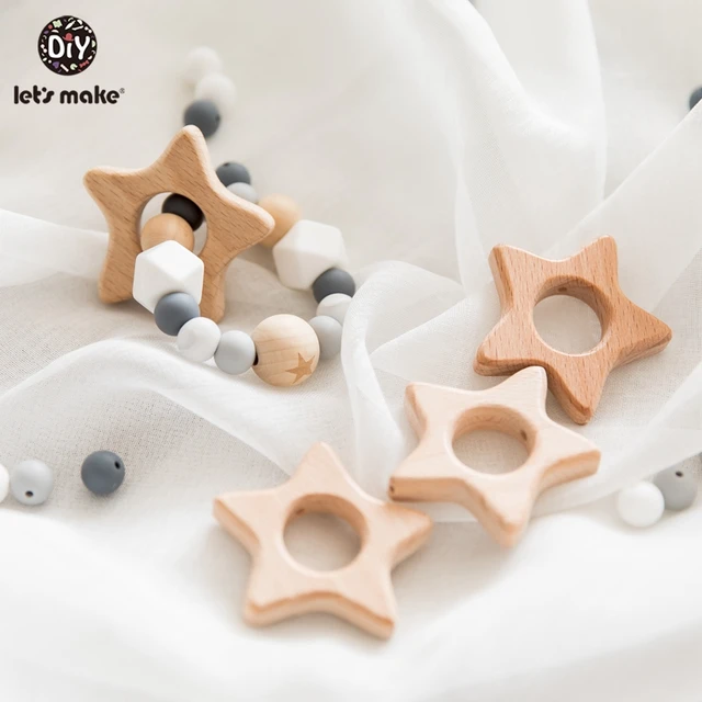 Let's Make 20Pc Wooden Teether Baby Rattle Accessories Cactus Straw Crib Mobile Holder For Kids Baby Teether Wooden Teether Toys 3