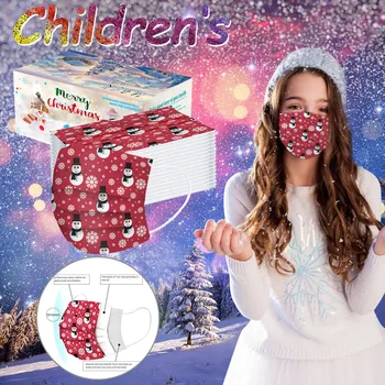 

A box of 50PC child Mask Christmas snowman print Masks Elastic Earloop Disposable FaceMask 3ply kids mask with filter mascaras