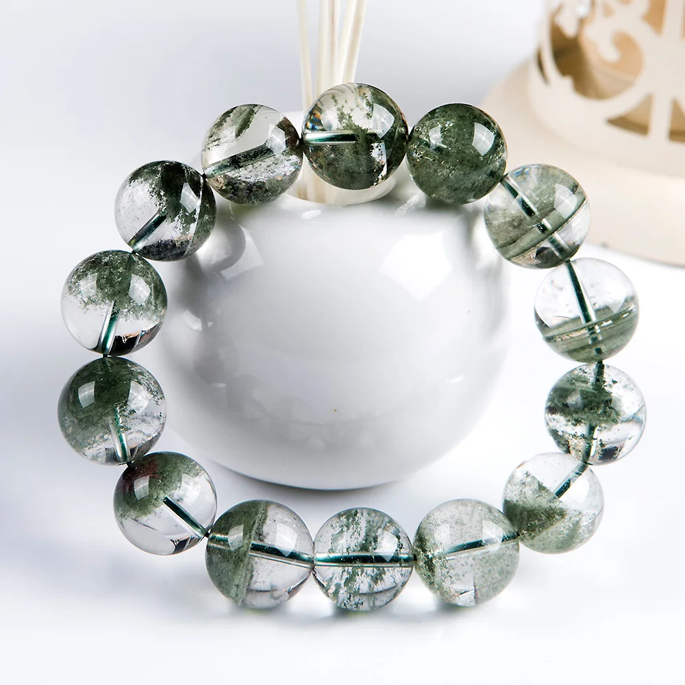 16mm Natural Green Phantom Quartz Bracelet Ghost Chlorite Crystal Clear Round Beads Stretch Garden Women Men AAAAA