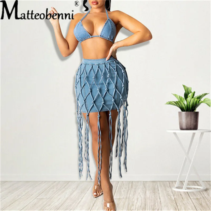 2021 Women Denim Skirt Sets Halter Neck Sleeveless Bra Tops + Bandage Tassels Skirt Lady Bodycon Nightclub Dresses Hot Summer elegant baby blue maternity dresses v neck sleeveless pregnant women gown for photoshoot ruffles high split pregnancy babyshower