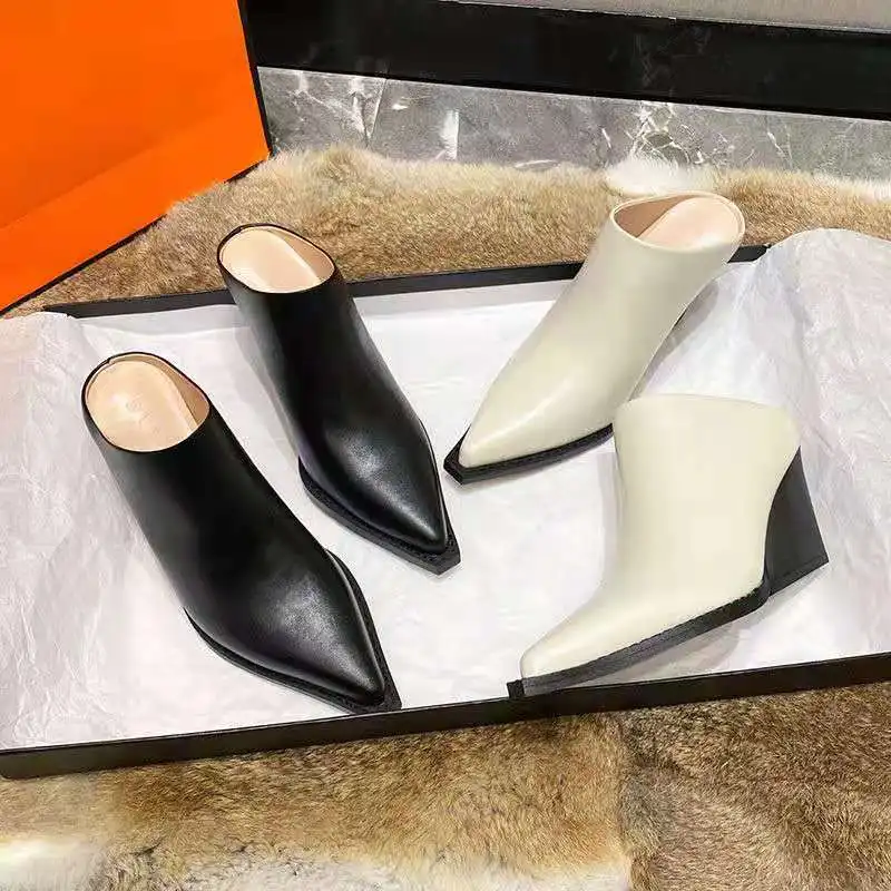 

Leather High-heeled Mules Shoes 2023 Spring And Autumn New Fashion All-match Slope With Thick-soled Pointed Slippers Lady Slides