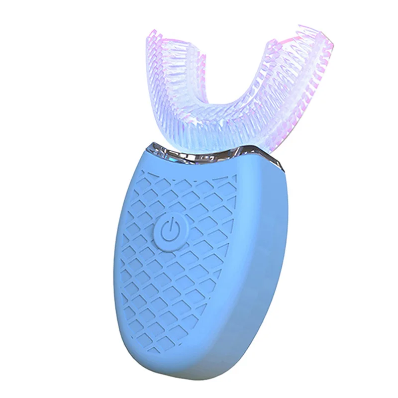 360 градусов U Тип автоматическая электрическая зубная щетка высокая частота ультразвуковая Вибрация синий светильник отбелить зубы силиконовая головка щетки