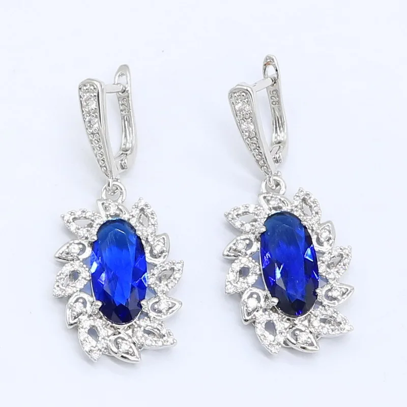 925 серебряные ювелирные наборы для женщин геометрический синий полудрагоценный браслет серьги кольцо ожерелье Кулон Подарочная коробка