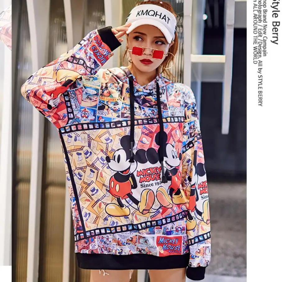 

2019 New Winter Autumn Cartoon Mickey Printed Women Dress Personality Cap Designs Female Simple Fashion Loose Dresses Slim