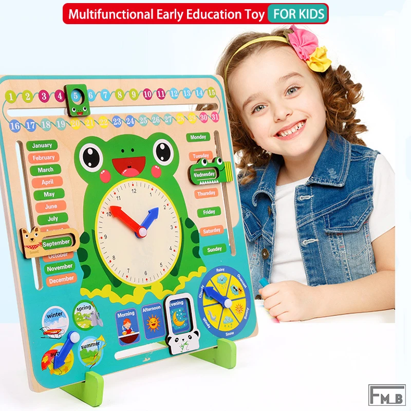 

Wooden frog multi-function early education puzzle calendar clock alarm Montessori Toy