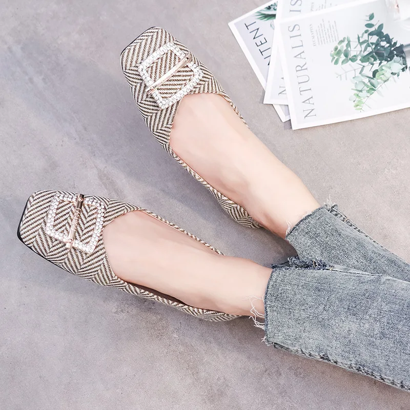 

Shoes Women's 2019 Summer New Style Korean-style Square Head Man-made Diamond Low-Cut Soft-Sole Low Heel Flat Shoe