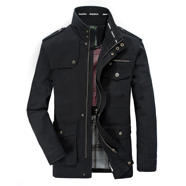 Хлопковые куртки в стиле милитари для мужчин; сезон весна-осень; повседневные мульти-куртки с карманами; Jaqueta Masculina; размеры M-7XL - Цвет: Черный