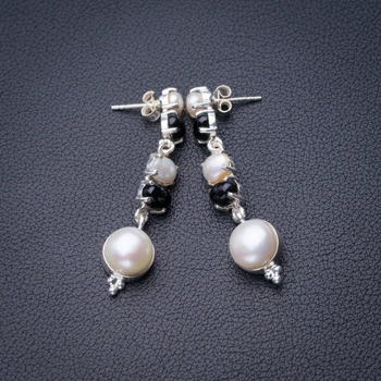 

StarGems Natural River Pearl And Black Onyx Stud Handmade 925 Sterling Silver Earrings 2" D6891