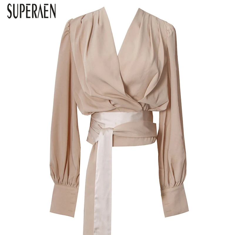 

SuperAen Women Clothing Sashes V-neck Long Sleeve Short Shirts Women Autumn New 2019 Fashion Blouses and Tops Female