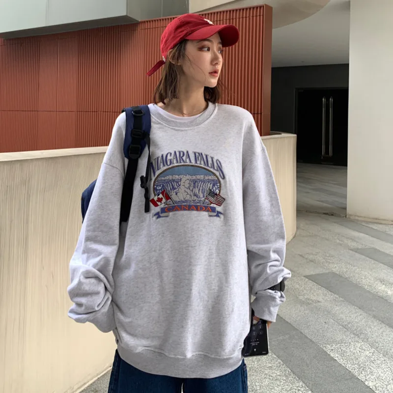 2020 Spring And Autumn New Korean Couple Pattern Embroidery Loose Sweatshirt Fashion Casual Stitching Pullover Gray / Navy Blue 2020 Spring And Autumn New Korean Couple Pattern Embroidery Loose Sweatshirt Fashion Casual Stitching Pullover Gray / Navy Blue