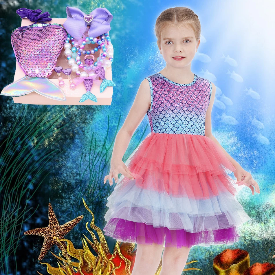 Layered Princess Mermaid Dress up Girl Party Costume Scales Print Gown Kids Milk Silk Clothes and Jewelry Grils Aril Fancy | Детская