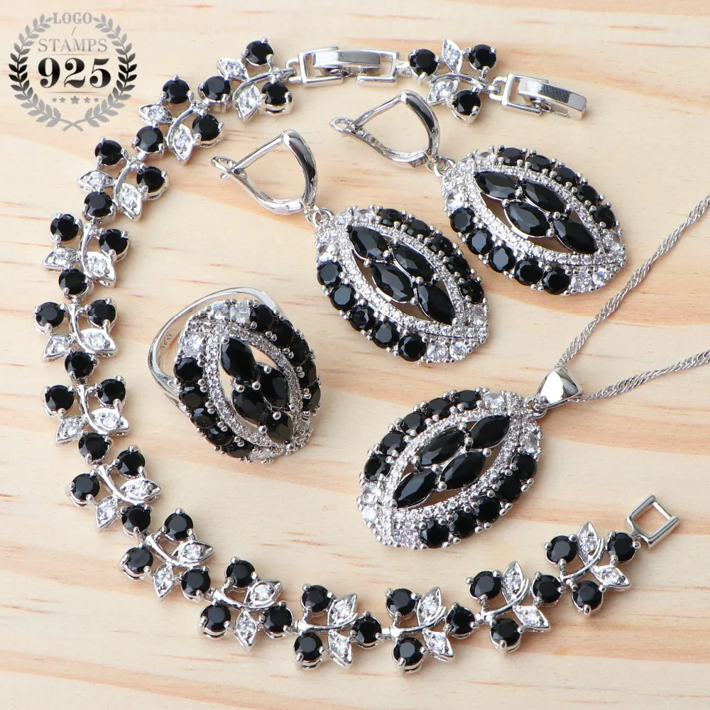 Костюм Серебро 925 свадебные комплекты ювелирных изделий женский черный циркон серьги браслеты свадебное ожерелье кулон кольца набор подарочная коробка
