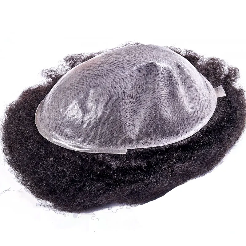 Black Mens Toupee Wig Thin Skin 0.12mm Afro Kinky Curly Replacement System Handmade Hairpieces Indian Human Remy Hair