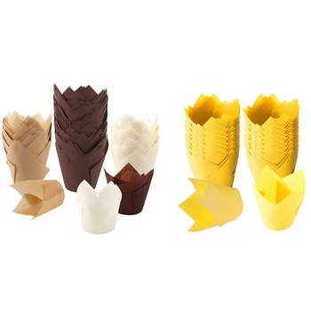 

400Pcs Tulip Cupcake Baking Cups, Rustic Cupcake Wrapper, Brown, White and Nature Color & Yellow