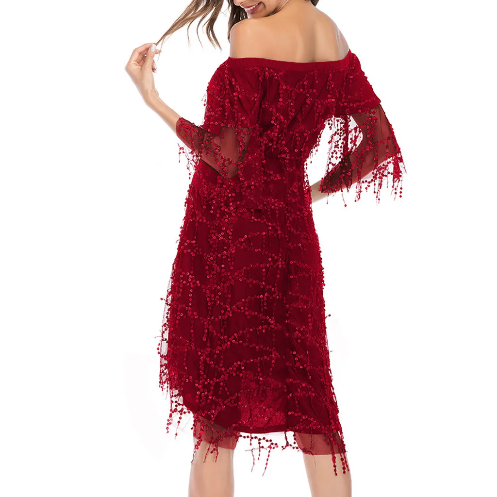 Женское платье с блестками, украшенное, Дамское, с открытыми плечами, с коротким рукавом, Tssel, платья, женская одежда, Необычные Сексуальные вечерние платья# LR