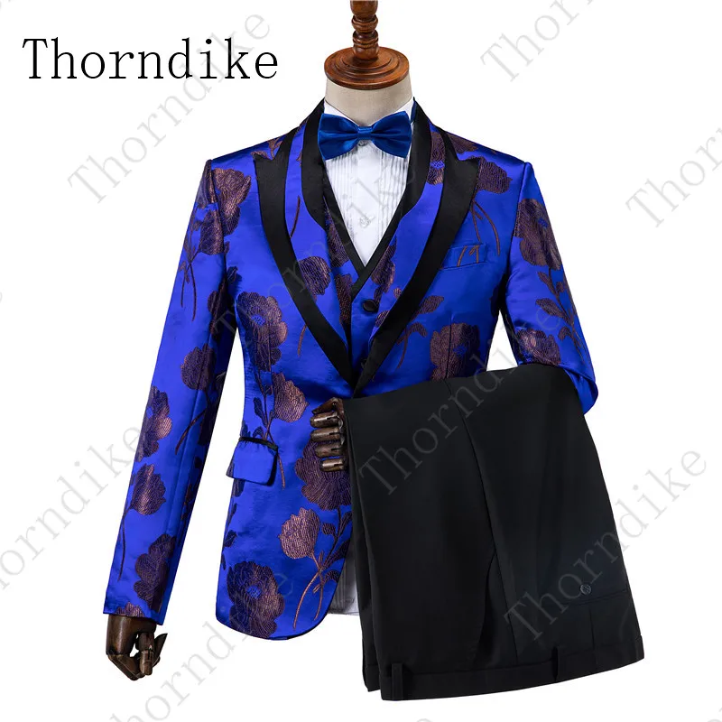 Thorndike Королевский синий мужской костюм, приталенный, цветочный узор, смокинг для жениха с цветочным принтом, лацкан с острым носом, 3 предмета