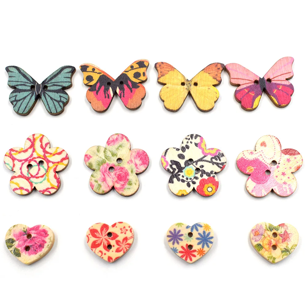 

30pcs random mixed pattern Wood Buttons Love heart/Flower/Butterfly Sewing DIY Clothing Crafts Accessories Gift Card Decoration