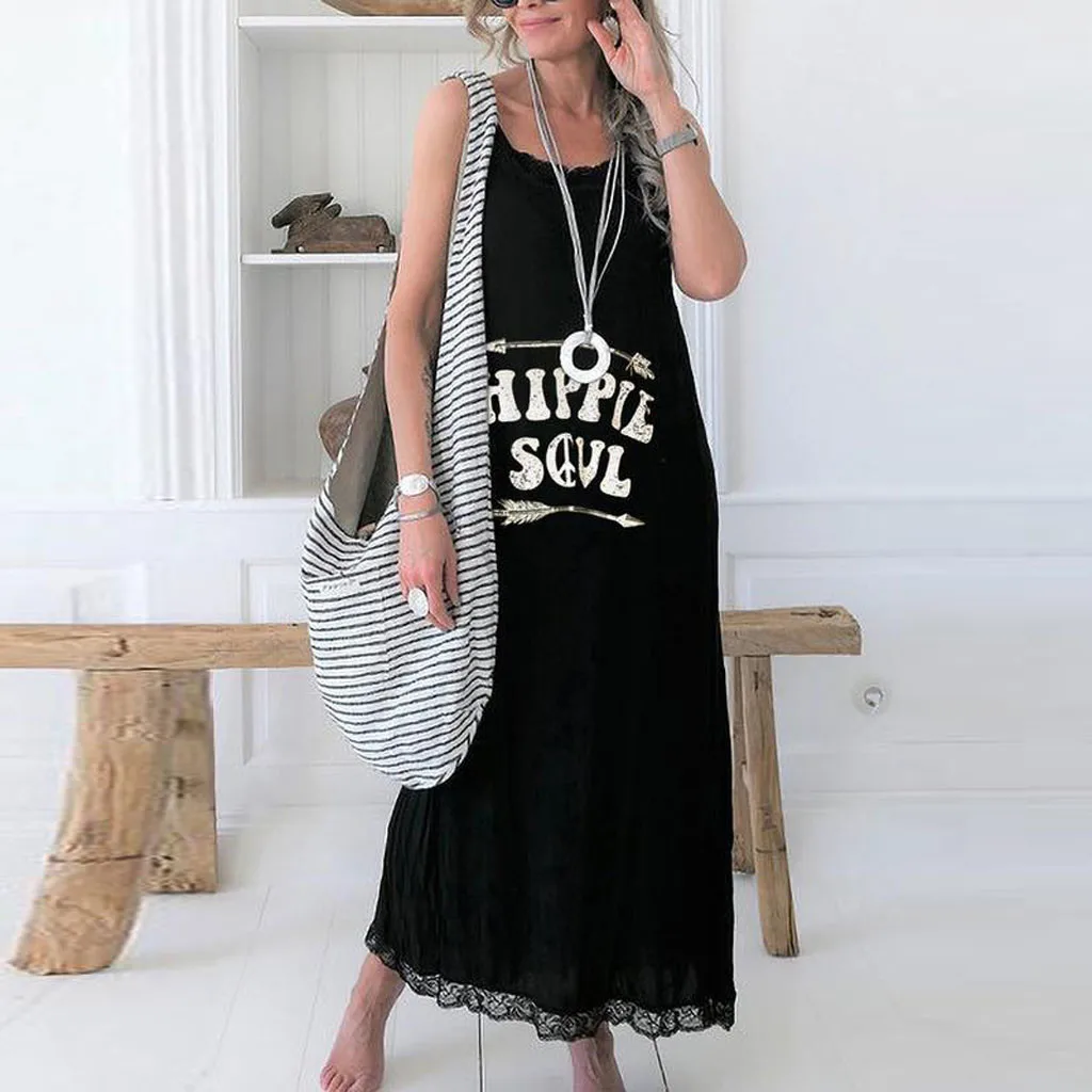 Летнее Длинное платье без рукавов женское Повседневное с круглым вырезом модное