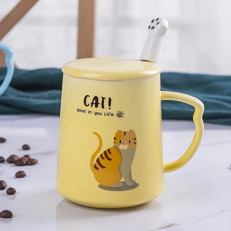 Стакан с крышкой керамическая Милая кошка canecas tazas de ceramic a creativas mokken Пара кружка кофейная чашка чашки и кружки мультфильм ins Новинка - Цвет: Цвет: желтый