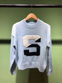 

2020 spring new O neck letter pattern women long sleeve knitted sweater