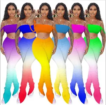 

Gradient Women Two Pieces Set Off Shoulder Tank Top and Stacked Pants Matching Suit Fitness High Waist Flare Stacked Leggings