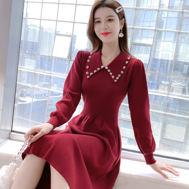 French Style Vintage Knit Clothing Women 2021 Beading Elegant Red Peter