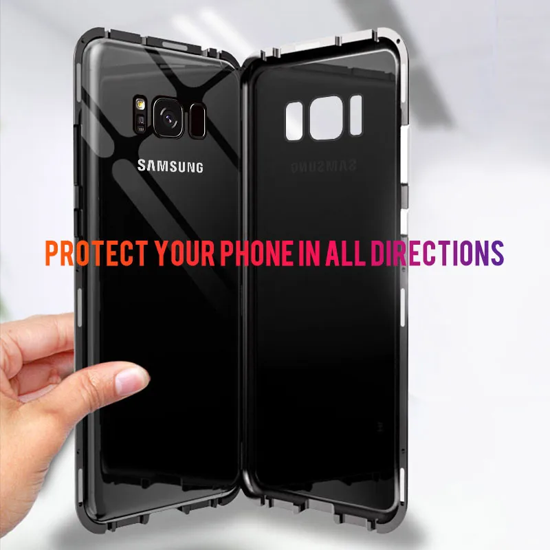Магнитная Адсорбция металлический корпус для Samsung Galaxy S8 S9 S10 плюс S10E Note 8 9 M20 M10 A30 A50 A10 M30 облегченное закаленное стекло чехол для iPhone 7 6 8 6s Plus X XR XS MAX металлический корпус