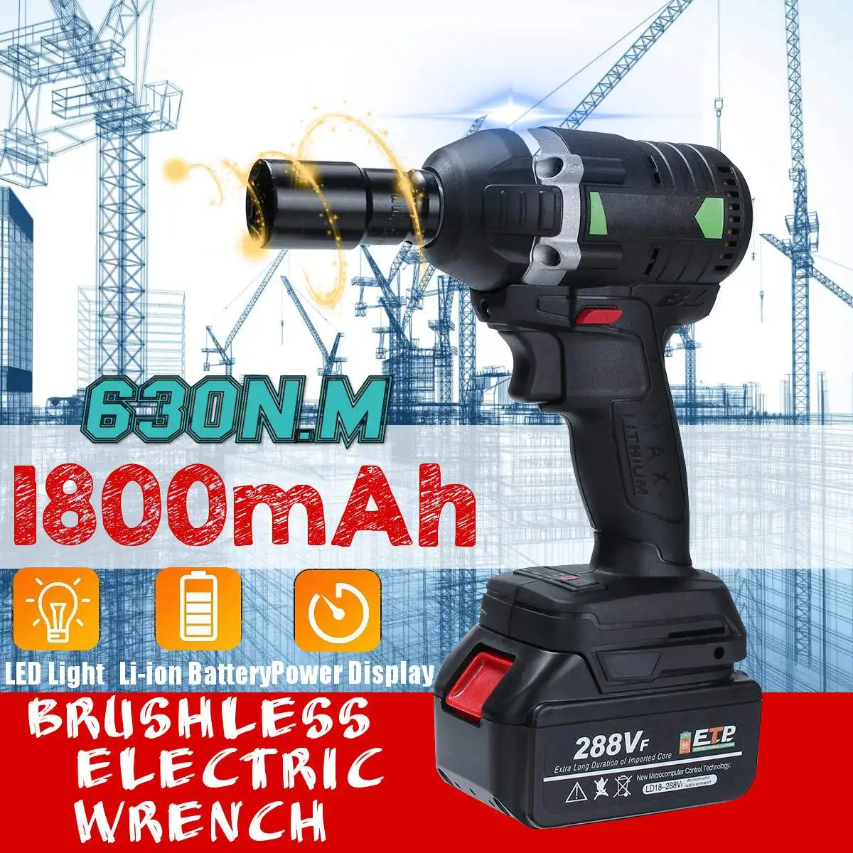 

Brushless Electric Wrench 630N/m 288VF Impact Wrench Socket 1800mAh Li Battery Hand Drill Installation Power Tools