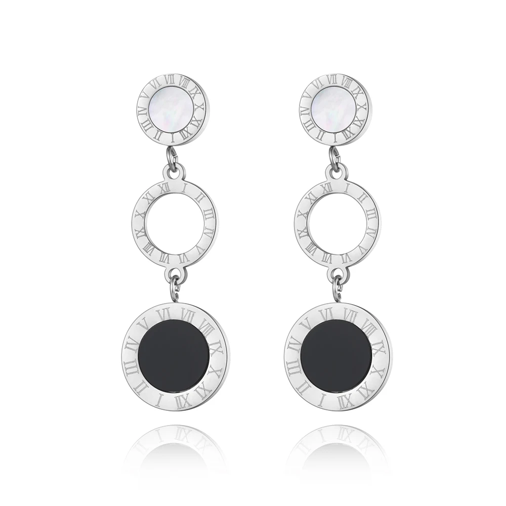 Dangle Earrings JeeMango Stainless Steel 3Pcs Disc Roman Numerals Dangle Earrings for Women Girl Shell & Acrylic Bohemia Earrings JE19184