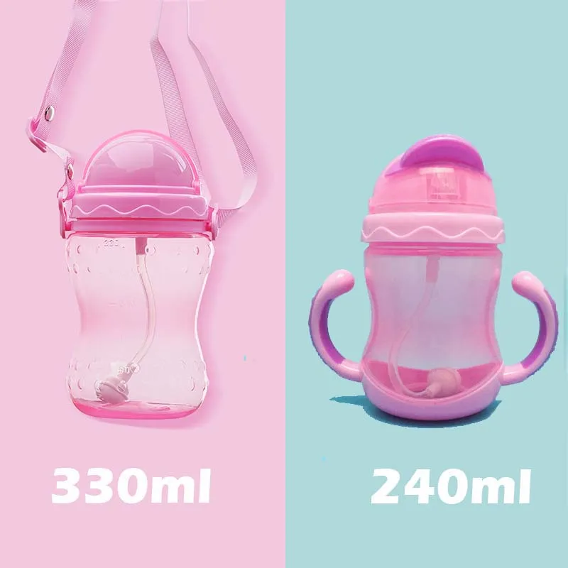 240/330ml Baby Cup Cute Children Learn Drinking Water Straw Handle Bottle Training Drink School Food Milk Bottles
