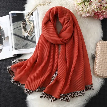 

Silk Scarves Women Head Scarf Female Pleated Solid Color Head Hijab Scarfs Leopard Border Scarf All-match Scarves Shawl Bandana