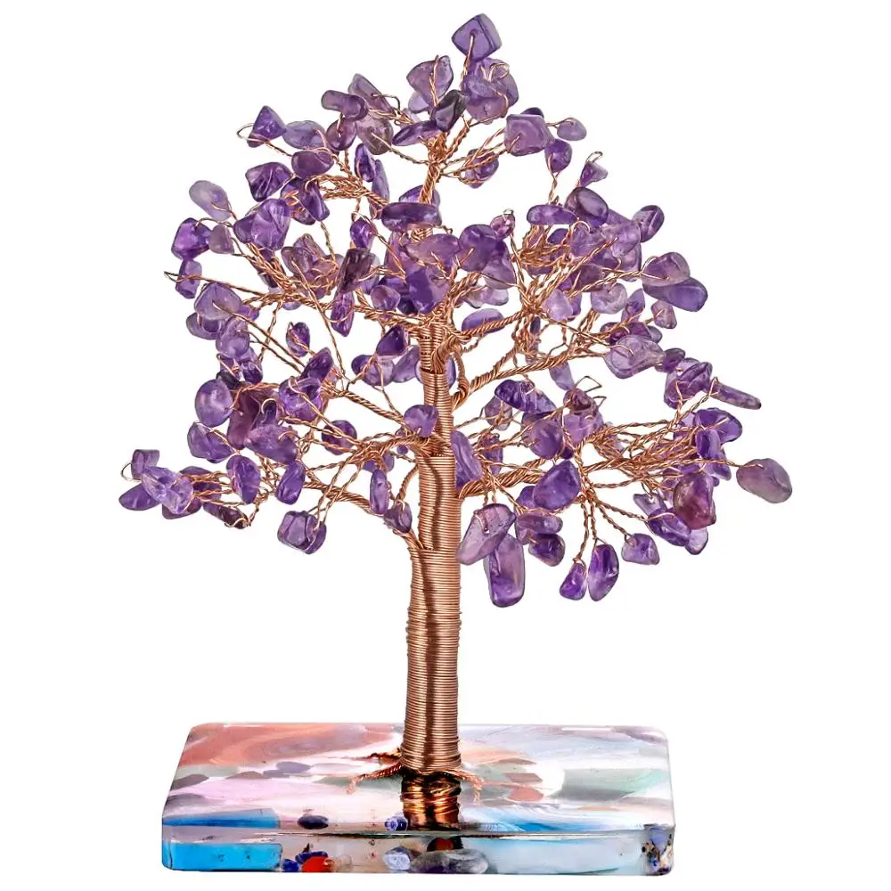 TUMBEELLUWA Natural Healing Crystal Tree with Agate Slices Resin Base for Home Decor,Copper Wrapped Money Tree for Wealth & Luck 1 pair healing lucky crystal money tree with acrylic bookends book ends for shelves desktop organizer home office