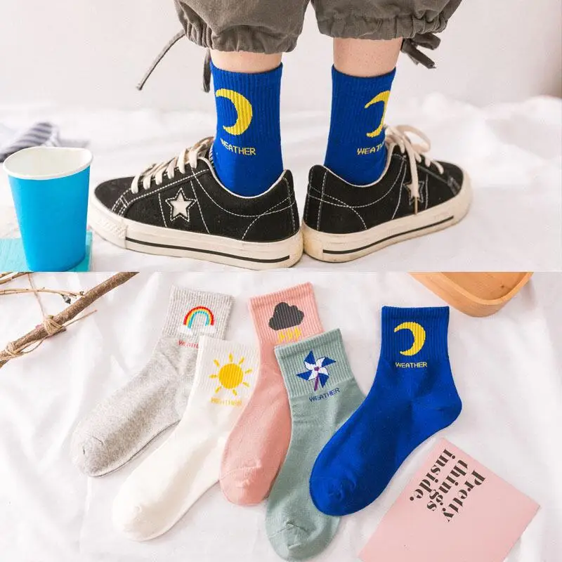 

Funny Sun Moon Lightning Rainbow Pattern Fashion Woman Ankle Socks Harajuku Style Cute Girl Long & Short Socks