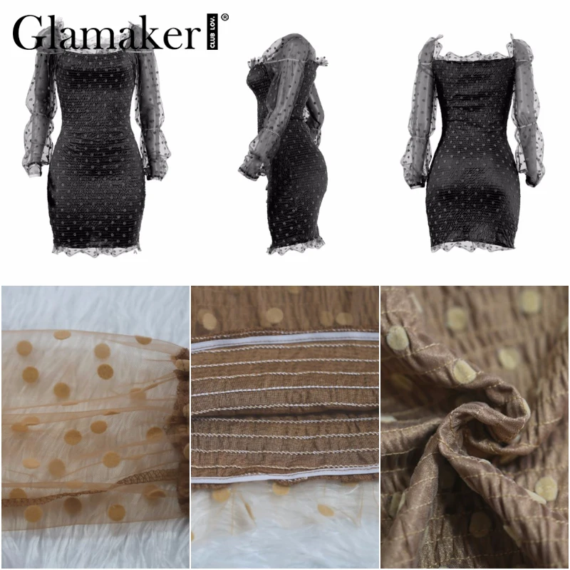 Glamaker, сексуальные вечерние короткие кружевные платья, женское винтажное клубное мини-платье в горошек, Бандажное платье с высокой талией и оборками, Пышное Платье с длинными рукавами