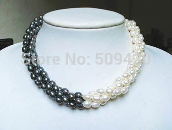 free shipping >>>>white black freshwater pearl oval beads 3 strands twisted necklace