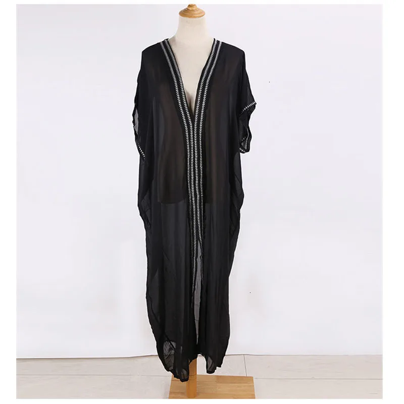See Through Maxi Beach Dress Sexy V-neck Black Chiffon Beach Cover Up Embroidery Sarong Tunic For Beach Swim Cover Up
