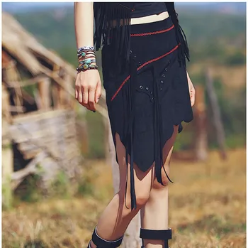 

Aporia.As Spring summer women novelty personality Indian tribal style tassel slim all-match irregular suede bust skirt