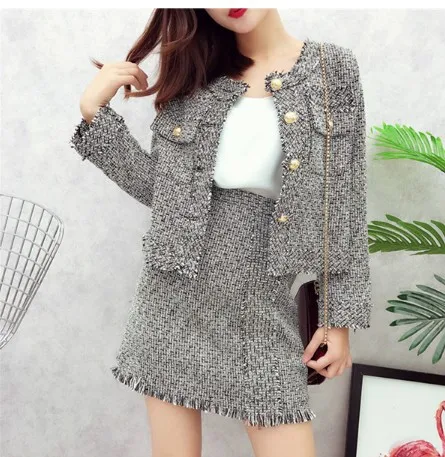 picture color Tassel твидовая куртка асимметричный жемчуг твид юбка костюм Подиум твидовый костюм Подиум осень зима женский комплект из 2 предметов - Цвет: picture color