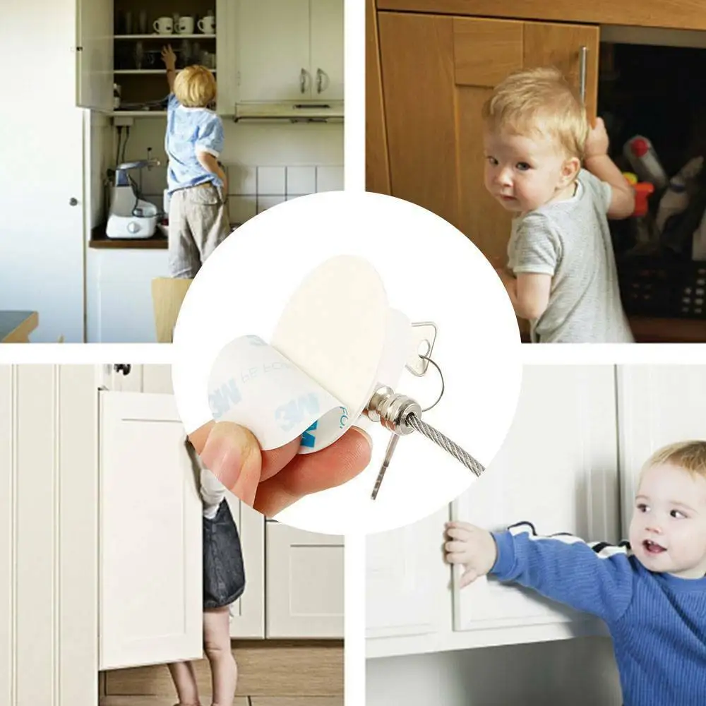 

Child Lock Baby Safety Protection Refrigerator Door Lock with Key Strong Self-adhesive Restrictor Cable Safety Device for Baby