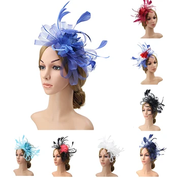 

Girls Cocktail Ribbons Fascinators Hair Clip Wedding Headbands Fashion Women Artificial Feather Tea Party Flower Shape Hat Mesh