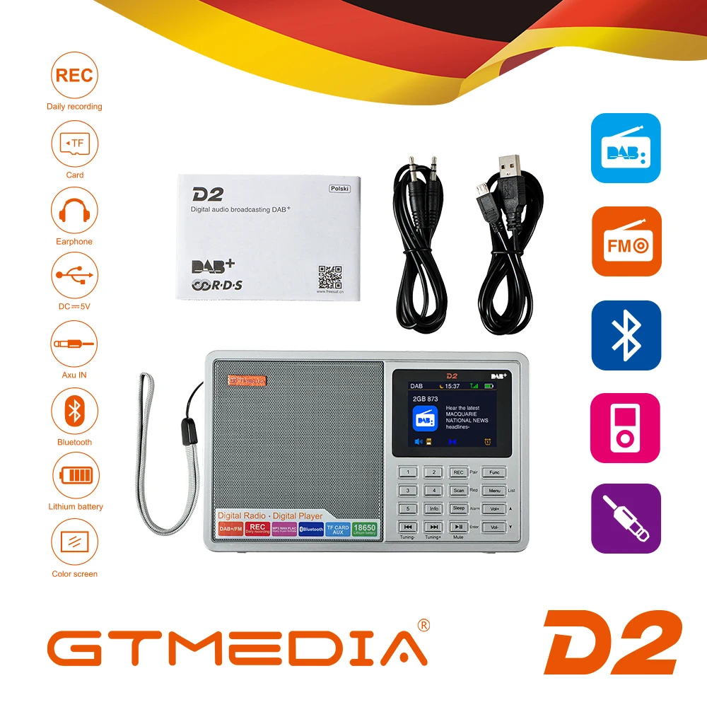 GTMEDIA D2 Портативный радиоприемник FM DAB стерео/RDS многополосный с ЖК дисплеем