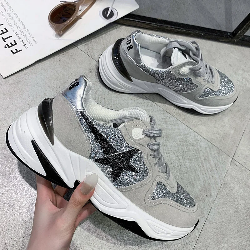 Кроссовки женские кожаные на платформе с блестками и звездами|Кроссовки кеды| |