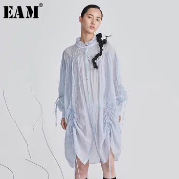 

[EAM] Women Blue Drawstring Big Size Shirt Dress New Stand Collar Long Sleeve Loose Fit Fashion Tide Spring Summer 2020 1W384