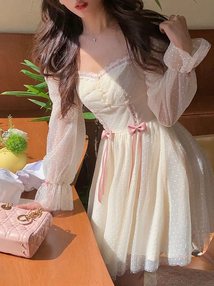 2021 Autumn Elegant Princess Dress Women Sweet Dot Party Long Sleeve Fairy Dress Female Casual Vintage Korean Kawaii Mini Dress