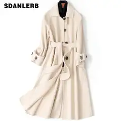 Длинные шерстяные кашемировые пальто для женщин 2019 осень зима женские куртки с поясом Свободное пальто Двусторонняя бежевая Мода