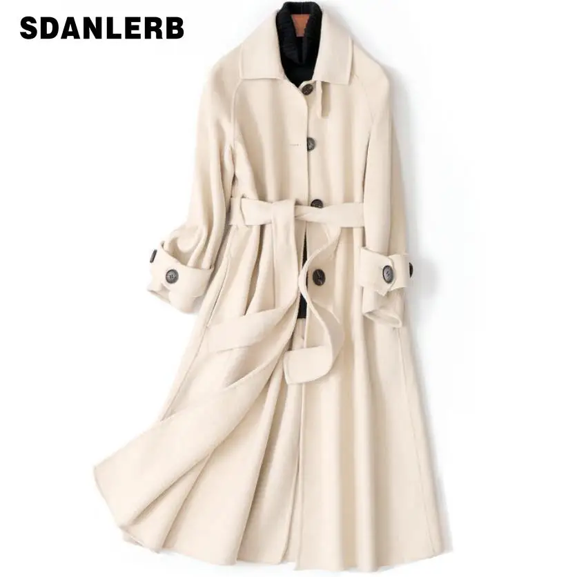 

Long Woolen Blends Cashmere Coats For Women 2019 Autumn Winter Ladies Jackets Belted Loose Overcoat Double Sided Beige Fashion