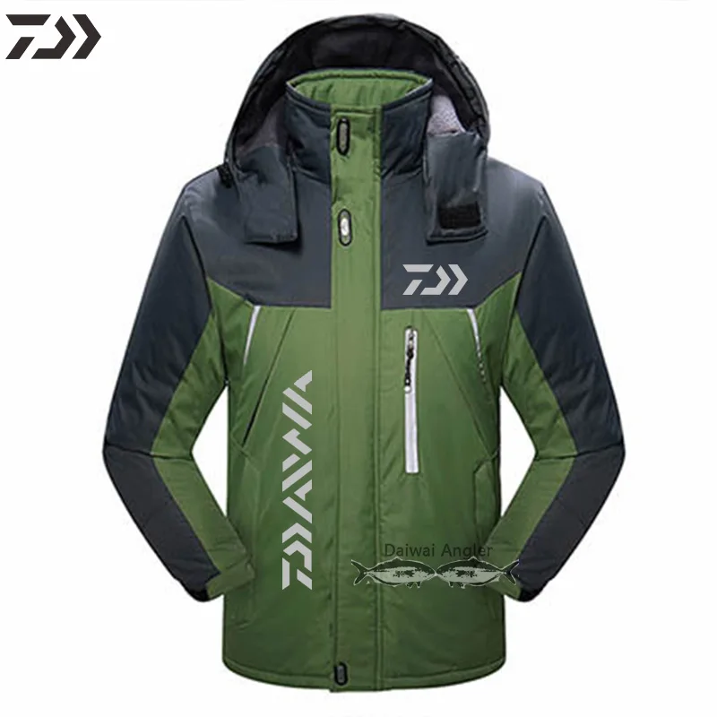 Водонепроницаемая куртка для рыбалки Daiwa из толстого хлопка, теплая зимняя мужская M-5XL одежда для рыбалки с капюшоном для пеших прогулок, ветрозащитная прочная одежда
