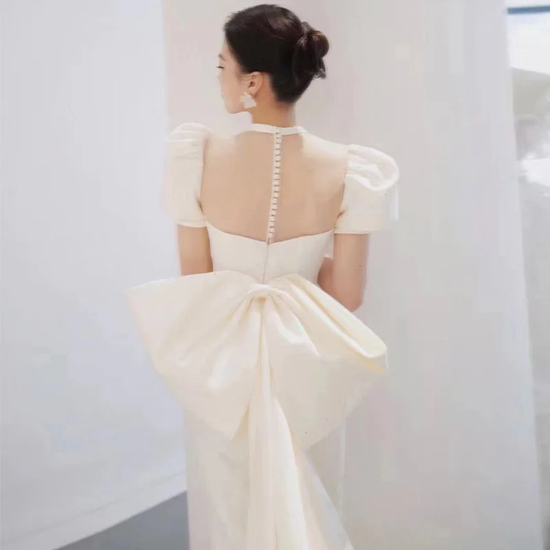 Robe De Mariee New Bride Dress Trumpet 2022 Satin Big Bow Buttons Puffy Short Sleeves Mermaid Wedding Dress Elegant Simple long sleeve bridal gowns